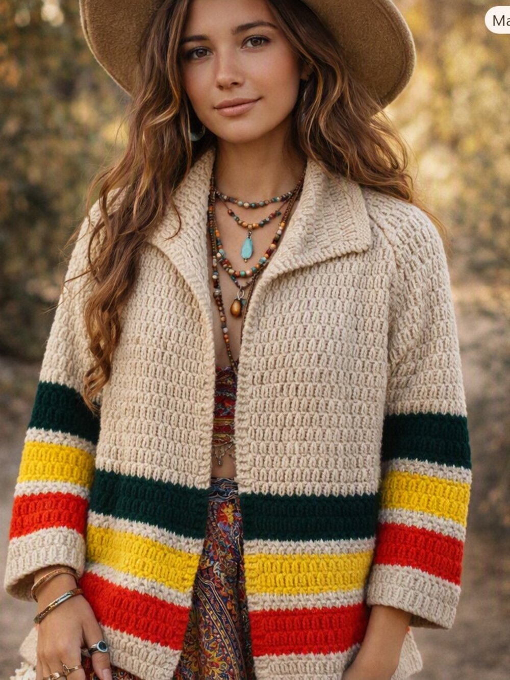 VTG Hand Knit Chunky Open Striped Cardigan Sweater Car Coat Women L Dopamine